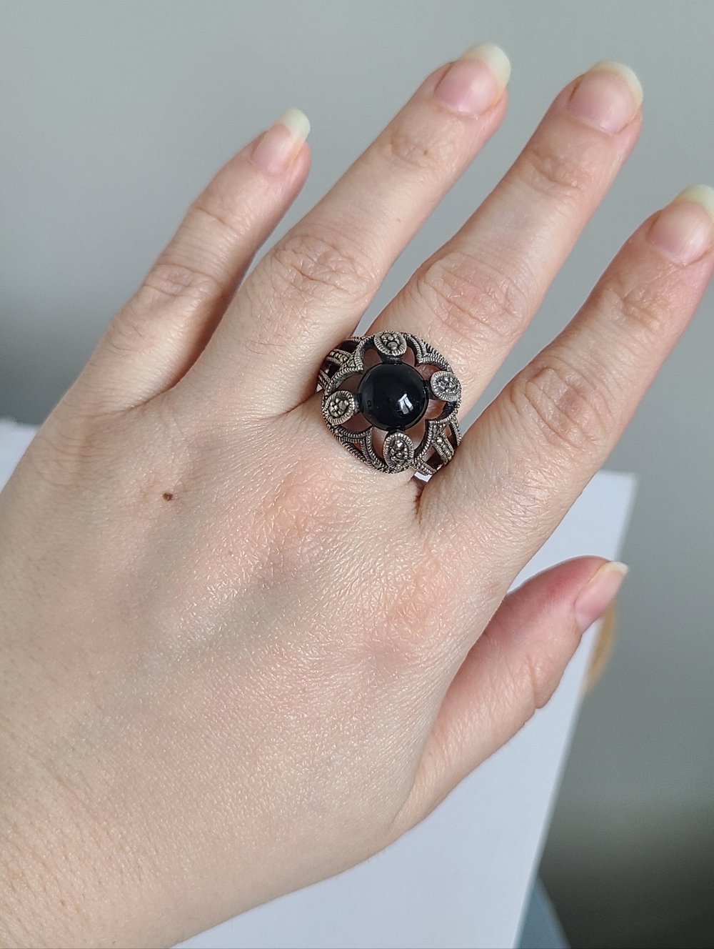 Vintage Boho Sterling Silver Black Onyx Floating Cabochon Marcasite Crystal Ring - Picture 12 of 14